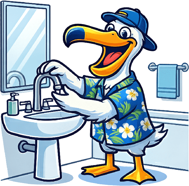 Swisher Plumbing pelican mascot illustration for fixture upgrades