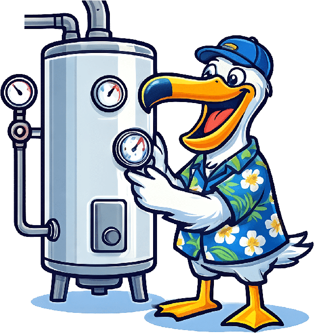 Swisher Plumbing pelican mascot illustration for water heater repair