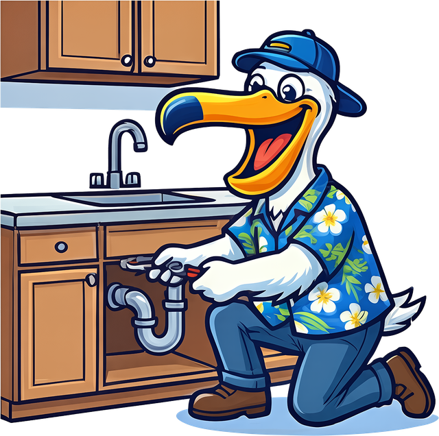 Swisher Plumbing pelican mascot working under a sink