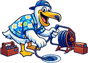 Swisher Plumbing pelican mascot illustration for drain cleaning